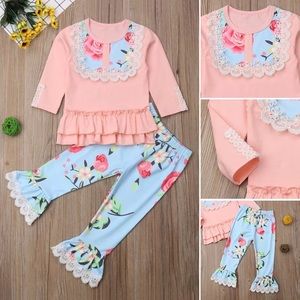 2pcs toddler girls lace ruffle top & flower pants